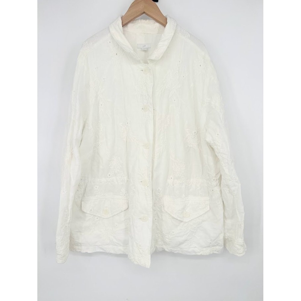 J Jill Cinch Jacket Womens XL White Eylet Linen Blend Embroidered Coastal Boho